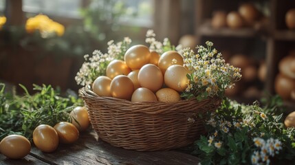 A basket of golden brown eggs sitting on a wooden table, surrounded by herbs