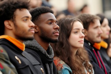 Obraz premium Participants at a cultural event listen attentively in the city square during the afternoon with a diverse crowd