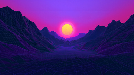 Obraz premium Futuristic synthwave landscape with an endless neon grid