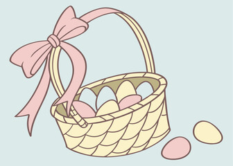 Fototapeta premium Pastel Easter Eggs in Basket with Big Ribbon Bow - Spring Holiday card cute bunny