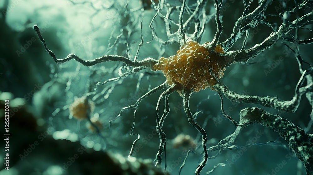 Poster microscopic view of interconnected brain neurons forming a digital neural network pattern abstract s