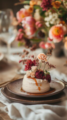 A fine dining table setup featuring a single-serving mocha mousse plated with edible flowers and caramel drizzle