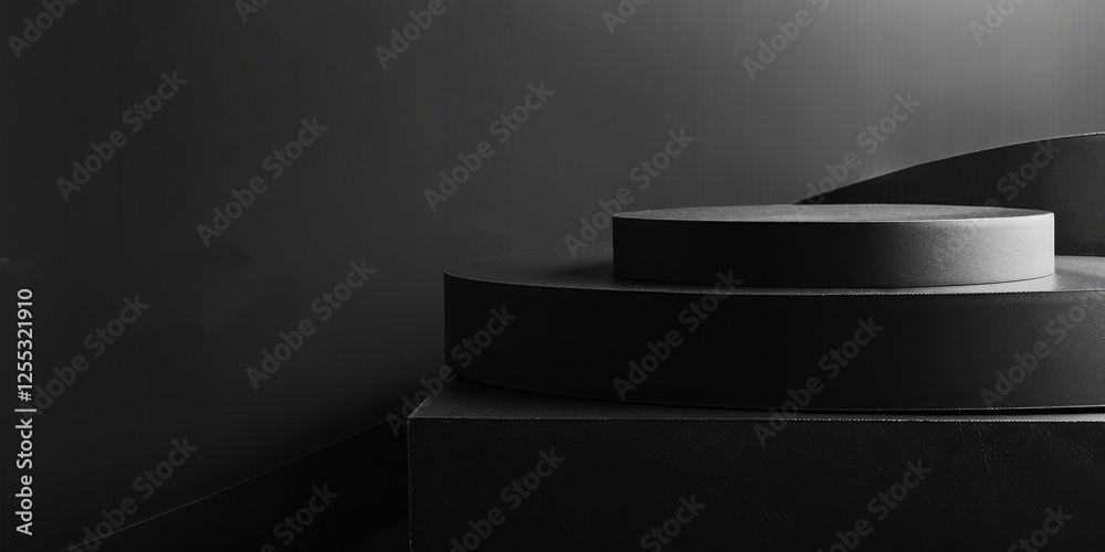 Poster a minimalistic composition with a pure black backdrop, strong geometric shapes and bold contrasts, e