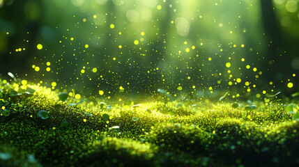 Enchanted glowing green forest floor with magical light particles and mystical sunbeams in a dreamlike forest landscape