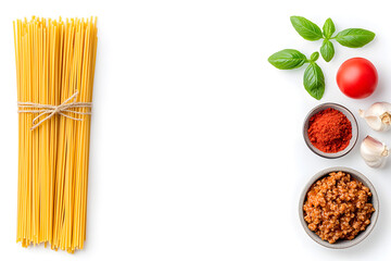 Bolognese Paste ingredients - raw pasta, beef, tomatoes, basil, wine and herbs