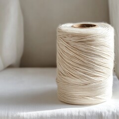 Cream yarn spool on white fabric, minimalist background, crafting material