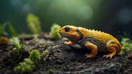 Fototapeta premium Bright lizard against a dark background with copy space