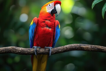 Obraz premium Scarlet Macaw Perched on a Branch in Lush Foliage