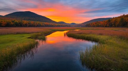 Autumn Sunrise Over Creek With Colorful Foliage