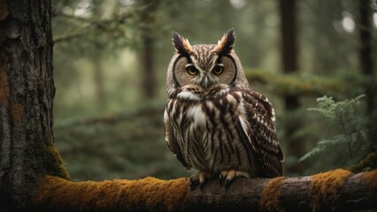 owl in the forest sits on a branch of an old tree