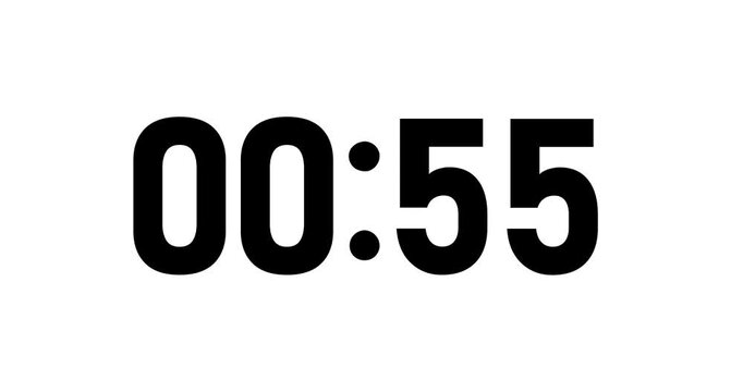One minute countdown timer, sliding number animation, counting from one minute to zero, digital clock, 60 second scrolling countdown, black background footage