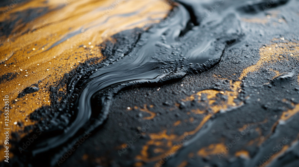 Poster A close-up shot of black and golden fluid flowing across a textured surface, showcasing the contrast and movement in the liquid, symbolizing creativity and abstract design.