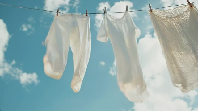 White clothing hangs on a clothesline swaying gently in the breeze. The vibrant blue sky and soft clouds create a picturesque backdrop, evoking a feeling of freshness and tranquility.