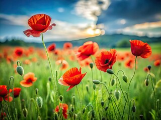 Obraz premium Windswept red poppies dance in a summer meadow, sharply focused in the sun.