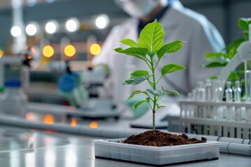 Young plant growing in laboratory with blurred scientist working in background, research and development concept