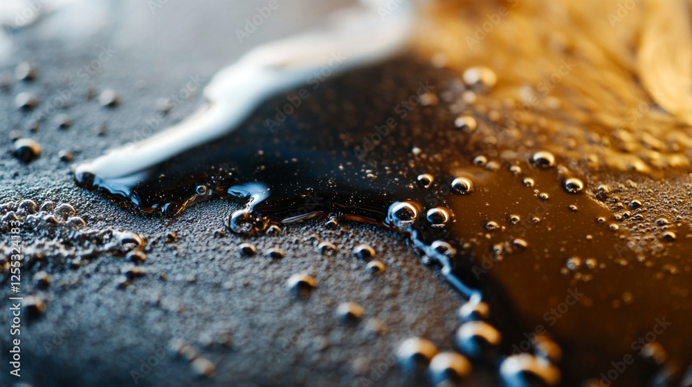 Fototapete A close-up of dark liquid with bubbles flowing over a textured surface, symbolizing motion, fluidity, and the contrast between light and dark elements in abstract art.