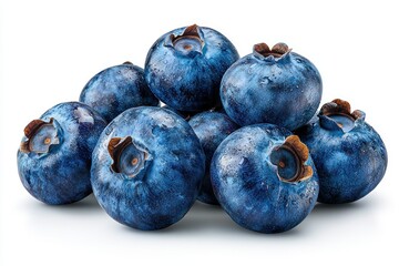 Freshly harvested blueberries stacked together on a clean white background