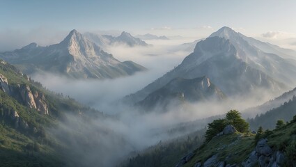 Majestic mountains rise above the mist during early morning light in a serene valley