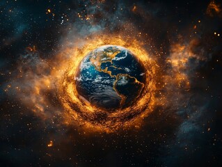 Earth Resting in Glowing Nest of Stars Symbolizing Cradle of Life in Vastness of Universe