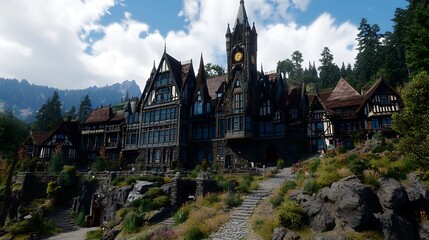 Architectural Grandeur Majestic Building With Clock Tower Amidst Lush Greenery and Mountain Backdrop