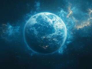 Obraz premium Glowing Crystal Sphere Encasing Glittering Earth Floating in Ethereal Cosmic Aura