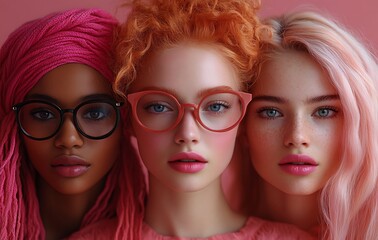 Obraz premium Trio with Vibrant Pink and Orange Hairstyles Against a Soft Pink Background