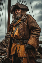 Obraz premium A rugged pirate stands confidently on the deck of a ship under a cloudy sky, showcasing his leather coat, hat, and intense gaze, symbolizing adventure and maritime mystery.
