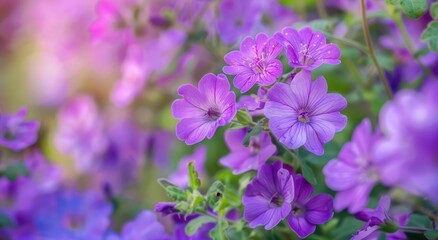 Fototapeta premium spring flower border of purple flowers in nature violet sunlight natural wallpaper