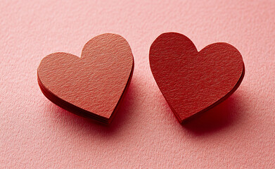 Obraz premium Two red paper hearts on a pink background, with ample space for text. This simple yet meaningful design evokes warmth, love, and affection, perfect for Valentine's Day promotions or personal messages.