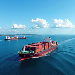 Obraz premium A majestic red cargo ship dominates the vast waters, its towering stacks of containers gleaming under the sun's warm embrace
