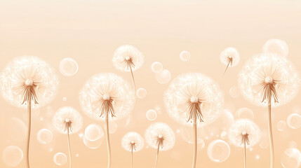 Beautiful dandelions with floating seeds on a beige background, in pastel colors, with a bokeh effect, and ample copy space, vector illustration, highly detailed and realistic, high resolution, 