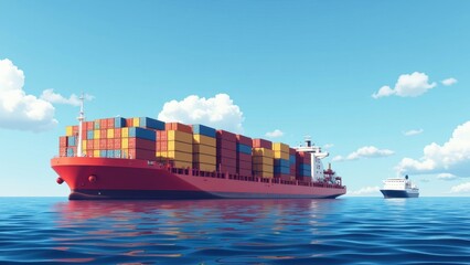 A majestic red container ship slices through the ocean, its deck adorned with vibrant stacks of multicolored boxes&mdash;blue, yellow, and more&mdash;beneath a vast sky