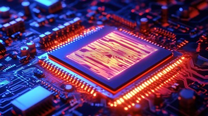 Obraz premium Quantum Chip Glowing with Swirling Binary Circuits