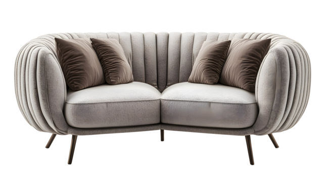 Elegant curved sofa with plush cushions for modern living room decor isolated on a transparent background