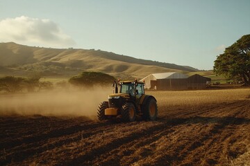 Fototapeta premium Agricultural Landscape with Tractor and Barn in Serene Countryside