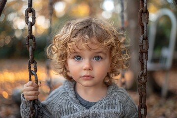 The captivating gaze of a curly-haired child on a swing showcases eternal innocence and wonder, framed by a blurred playground, evoking memories of carefree childhood adventures.