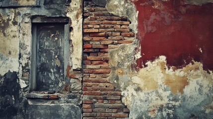 Distressed urban facade featuring weathered textures and faded doorway