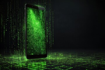 Green Digital Matrix with Smartphone Displaying Data Streams