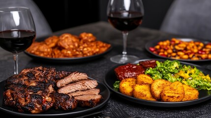 Delectable Gourmet Meal Featuring Steak Roasted Potatoes Beans and Fine Wine Dinner Arrangement