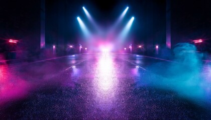 reflection of neon lights a searchlight smoke