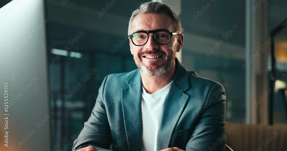 Poster Face, mature man and computer with smile for coding, programing and software engineer system update. Night, portrait and happy person for project management success, partnership and development