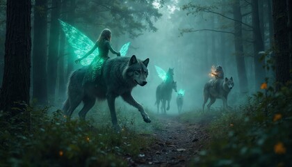 Fototapeta premium Enchanted woodland, fairy rides a wolf through a mystical forest