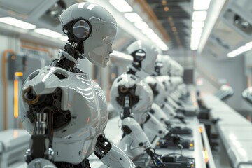 Fototapeta premium Robotic Assembly Line Operates Efficiently in a High Tech Factory Showcasing Advanced Automation and Precision Engineering