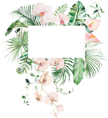 Frame with green watercolor tropical leaves and pink orchid flowers, Wedding isolated illustration