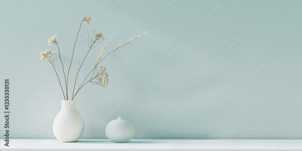 Poster a minimalistic setup featuring a light aqua backdrop, smooth textures and clean shapes, contemporary