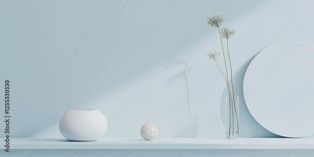 Aufkleber A minimalistic setup featuring a light azure backdrop, Smooth textures and clean shapes, Contemporary minimalist style