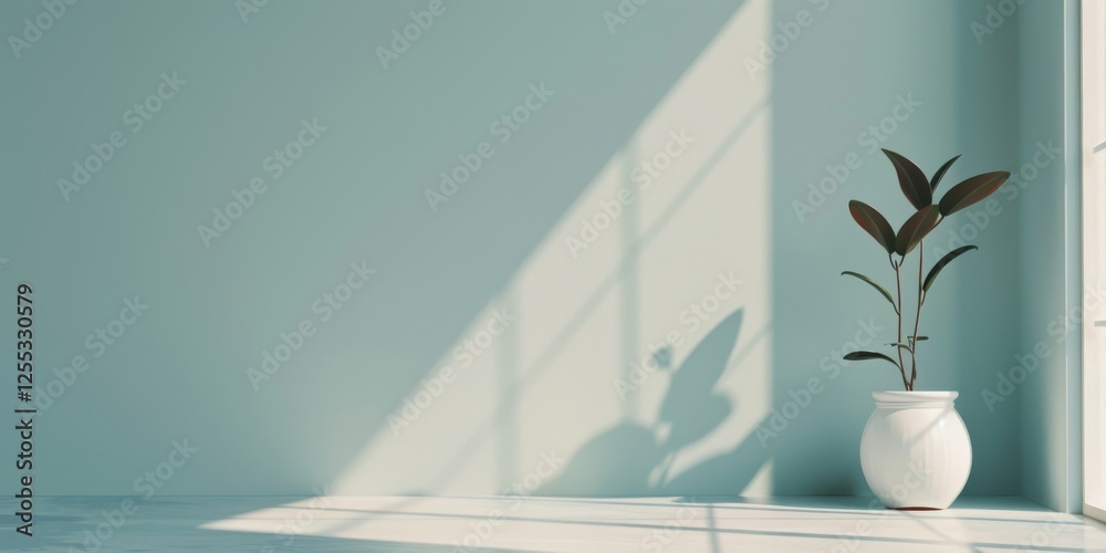 Poster A minimalistic setup featuring a light azure backdrop, Smooth textures and clean shapes, Contemporary minimalist style