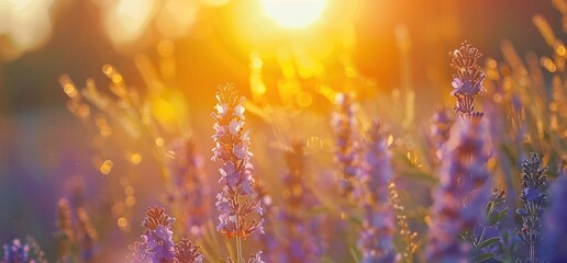 sunset panoramic landscape of natural wild purple wildflowers in meadow on a warm spring summer wildflowers