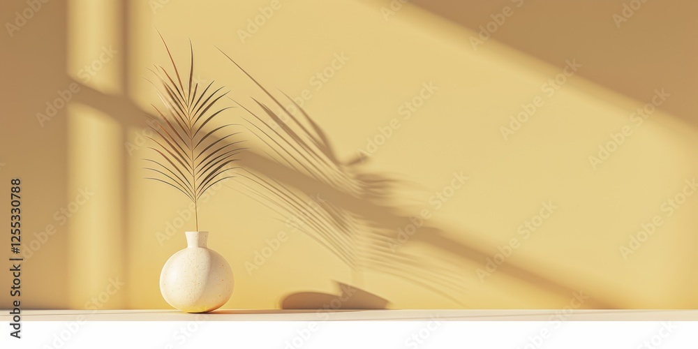 Poster a minimalistic setup featuring a light butter yellow backdrop, smooth textures and clean shapes, con