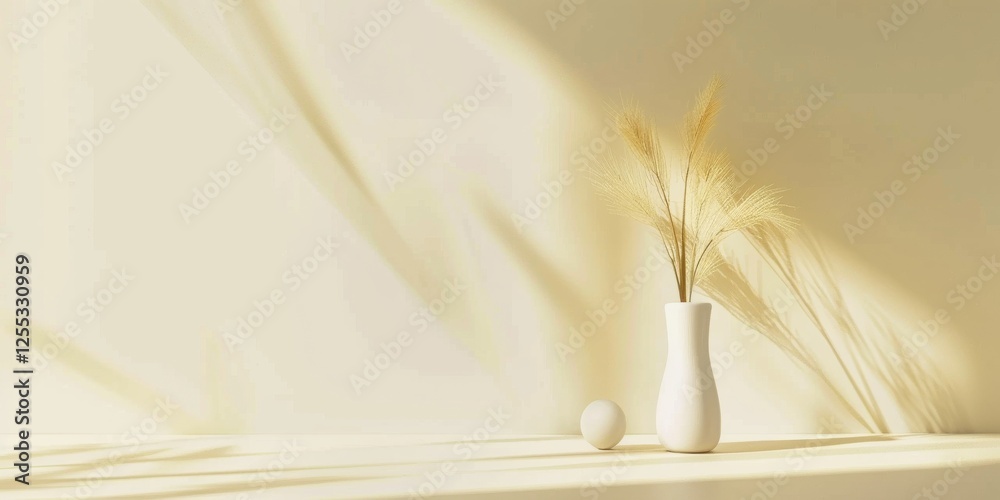 Poster A minimalistic setup featuring a light butter yellow backdrop, Smooth textures and clean shapes, Contemporary minimalist style